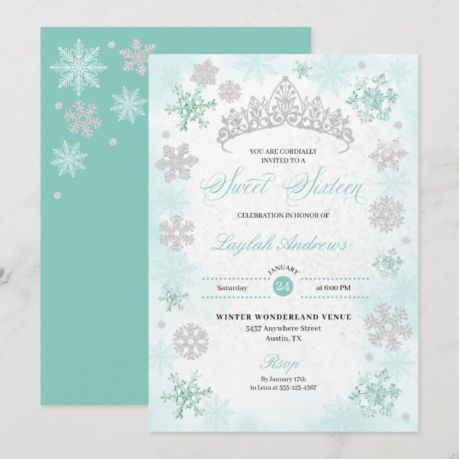 Invitation Turquoise Winter Wonderland Snowflake Sweet 16 (Devant / Derrière)