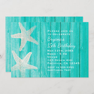 Invitation Turquoise Wood & Starfish Beach Élégante invitatio