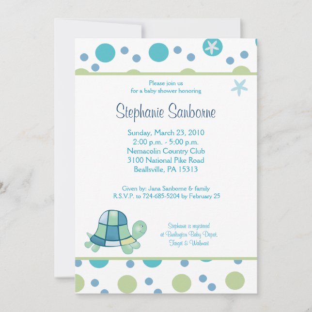 Invitation Turtle Bay 5x7 Baby shower tendance Mod Dot (Devant)