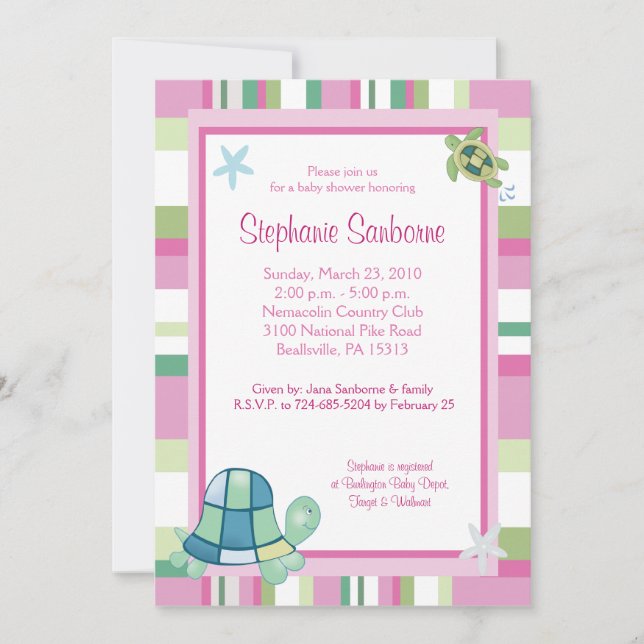 Invitation Turtle Bay Pink Stripe Girl Baby shower 5x7 (Devant)