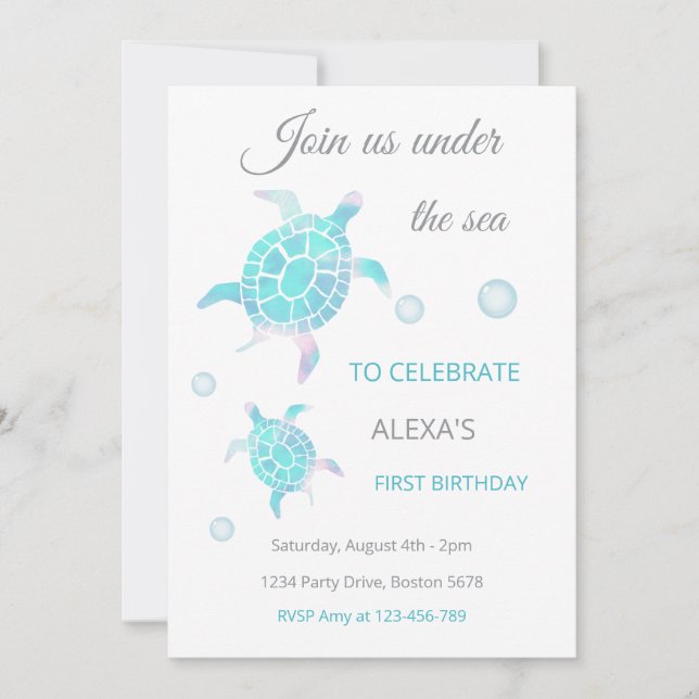 Invitation Turtle Under The Sea Watercolor  1st Birthday  (Devant)