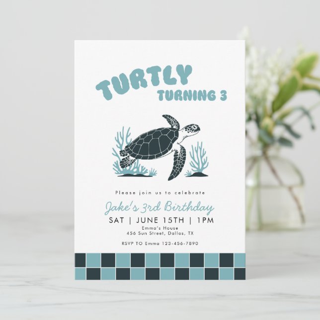 Invitation Turtly Turning 3 Tortue Bleue Vérification 3e Anni (Debout devant)