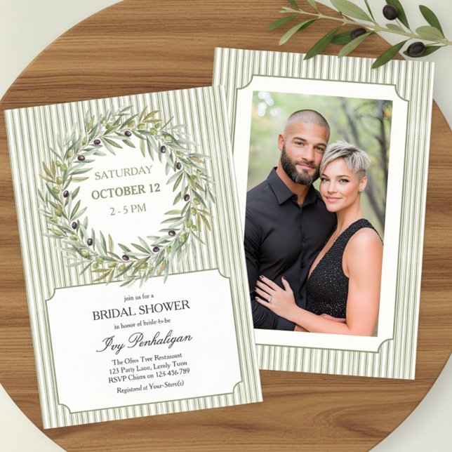 Invitation Tuscan Olive Green Stripe Bridal Shower (Bridal Shower invitation with custom photo, olive wreath and green ticking stripe by Darling & May)