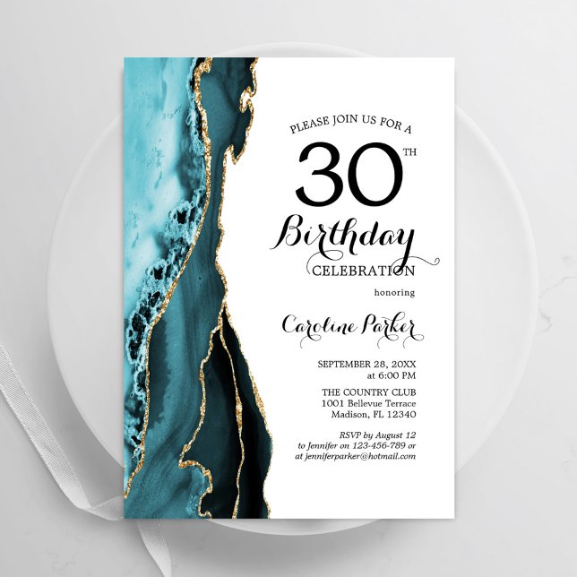 Invitation Tutrquoise Agate Blanc Or 30e anniversaire (Créateur téléchargé)