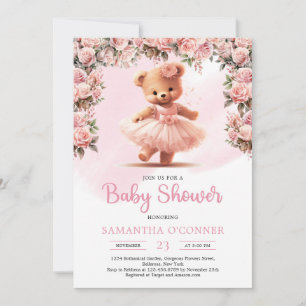 Invitation Tutu ballerina fille ours en peluche rose poussiér