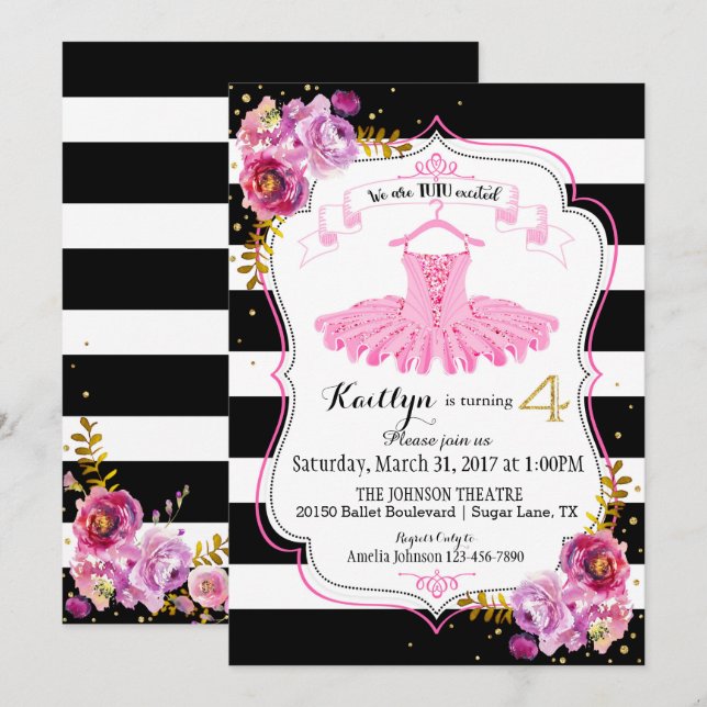 Invitation Tutu Ballerina Floral Sparkle Quatrième anniversai (Devant / Derrière)