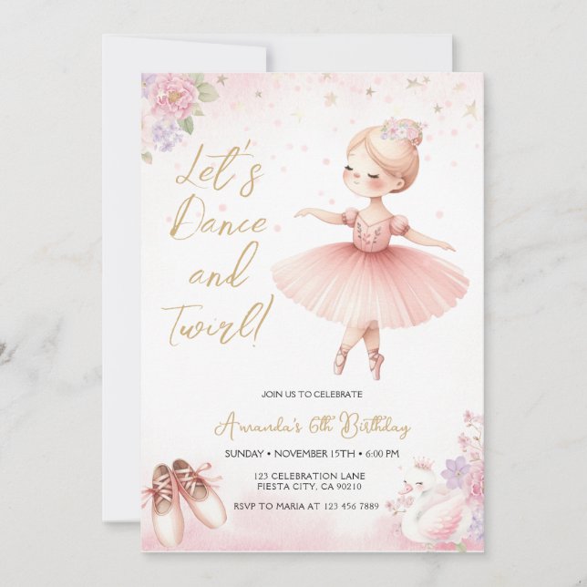 Invitation Tutu Ballerina Pink Floral Ballet Girl Birthday (Devant)