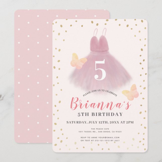 Invitation Tutu Ballerina Pink & Gold Girl Anniversaire (Devant / Derrière)
