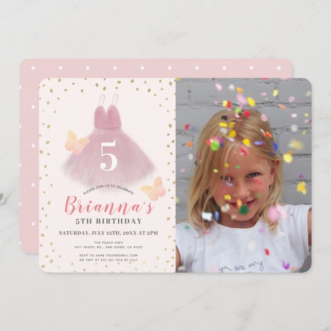 Invitation Tutu Ballerina Pink & Gold Girl Photo Anniversaire (Devant / Derrière)
