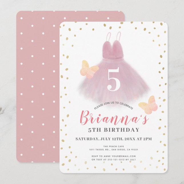 Invitation Tutu Ballerina Rose & Blanc Fille Anniversaire (Devant / Derrière)
