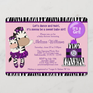 Invitation TuTu Cute Baby shower ZEBRA Lavendar Purple 085