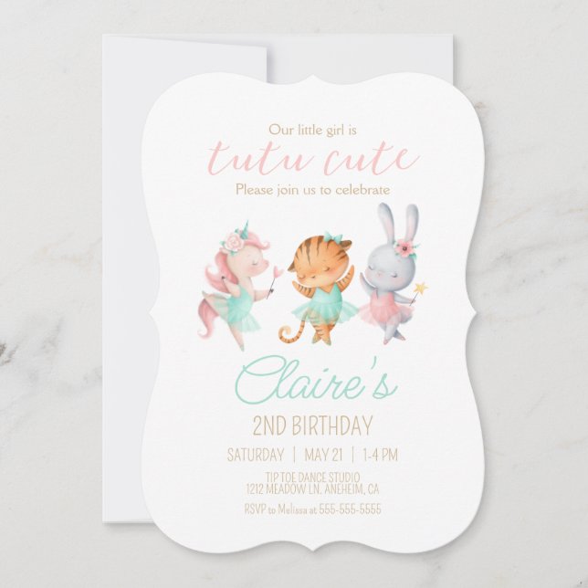 Invitation Tutu Cute Ballerina Animal Ballet Anniversaire (Devant)