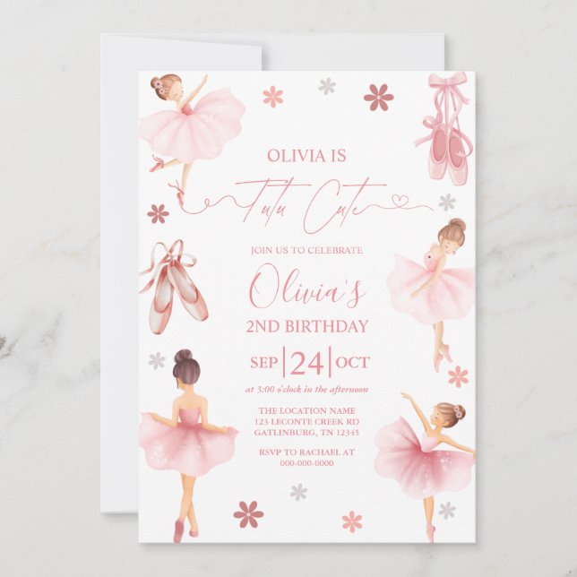 Invitation Tutu Cute Ballerina Pink Coquette Second Birthday  (Devant)