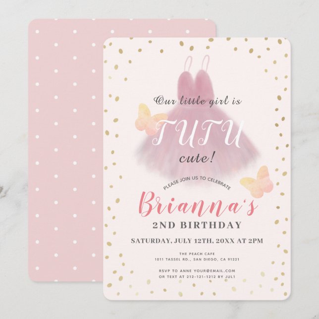 Invitation Tutu Cute Ballerina Rose & Gold Girl 2e anniversai (Devant / Derrière)
