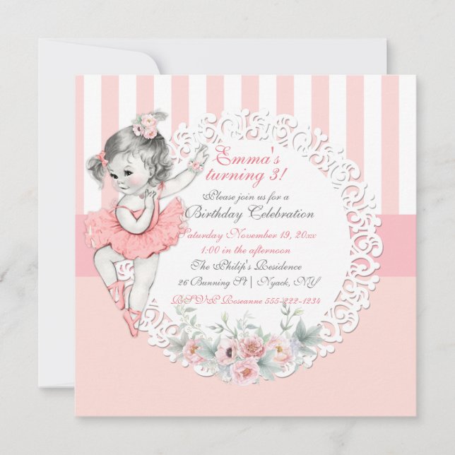 Invitation Tutu de ballerine ballet rose blanc rayures dentel (Devant)