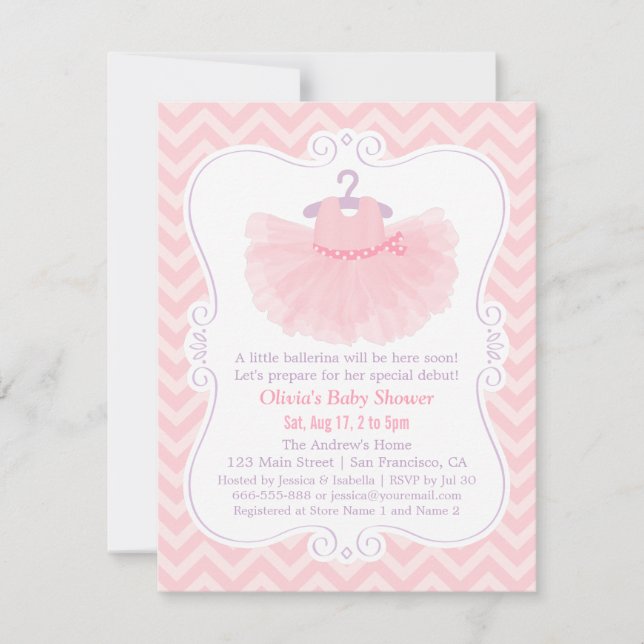 Invitation Tutu de ballerine Chevron rose Fête bébé fille (Devant)