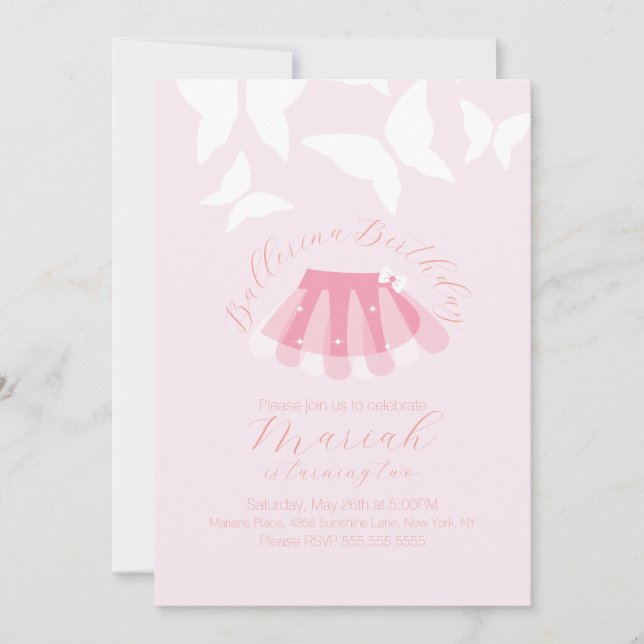Invitation Tutu de ballerine Fille Anniversaire Papillon (Devant)