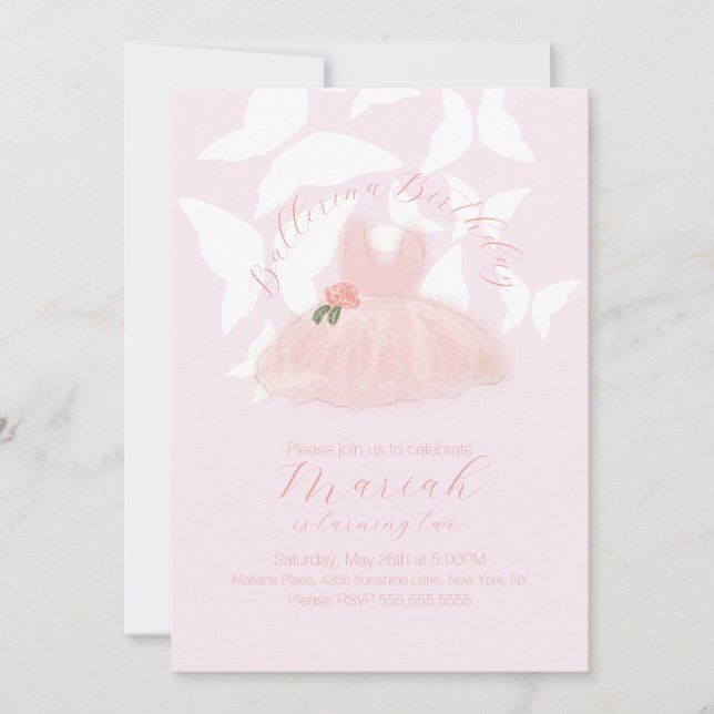 Invitation Tutu de ballerine Fille Anniversaire Papillons (Devant)