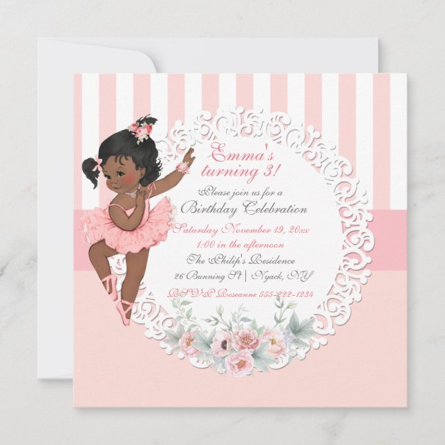Invitation Tutu de ballerine rose blanc rayures dentelle (Devant)