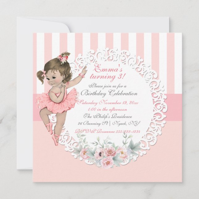 Invitation Tutu de ballerine rose et blanc rayures dentelle (Devant)