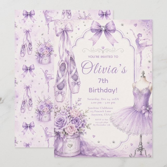 Invitation Tutu de ballet lavande pour fête (Devant / Derrière)