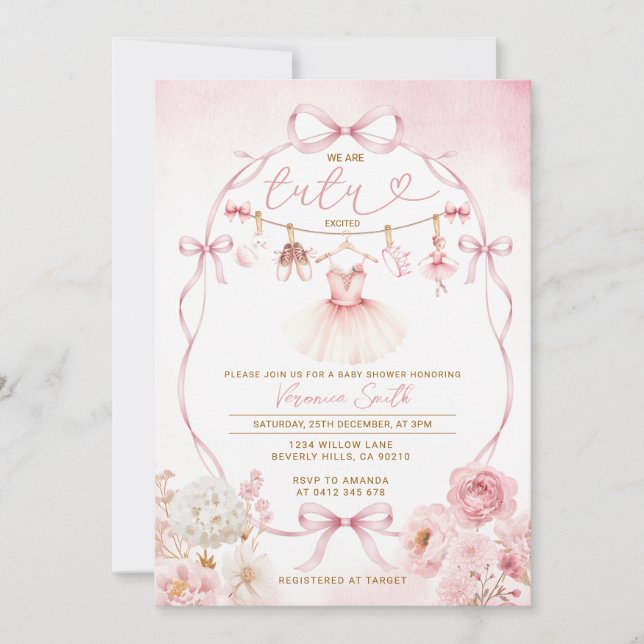 Invitation Tutu de bébé fille Arc floral Ruban rose (Devant)