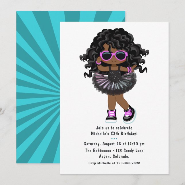 Invitation Tutu de fête d'anniversaire de fille de hip hop co (Devant / Derrière)