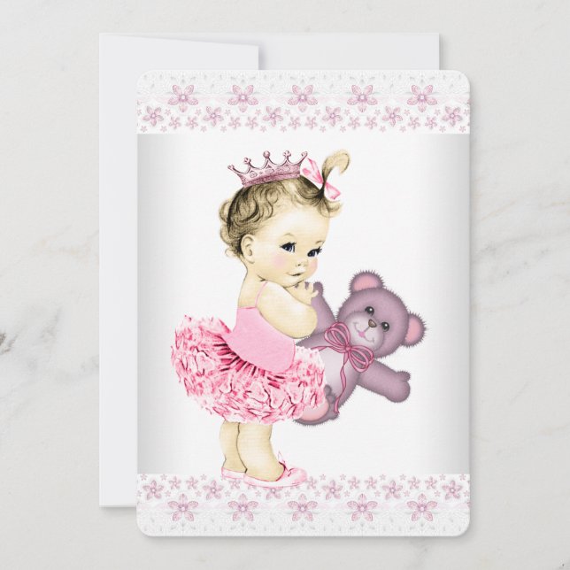 Invitation Tutu de princesse avec ours en peluche rose pour B (Devant)