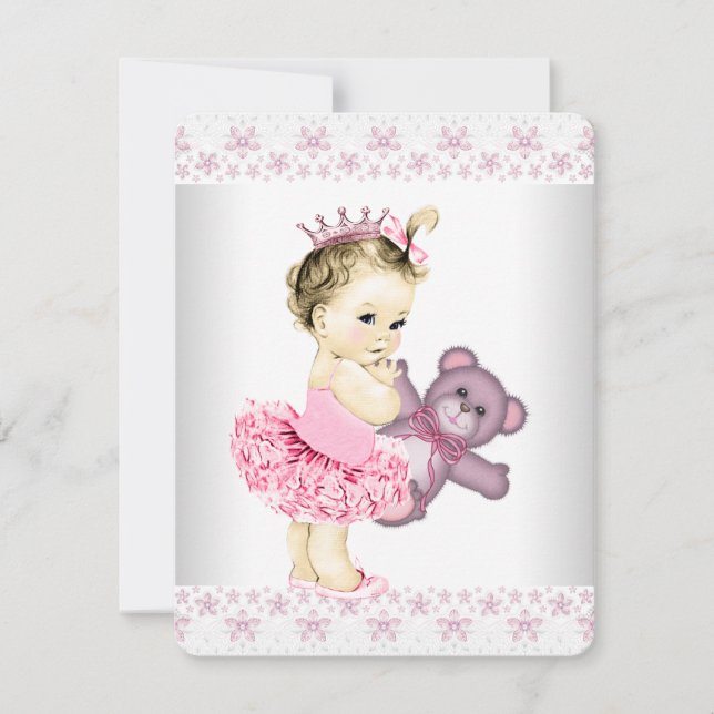 Invitation Tutu de princesse avec ours en peluche rose pour B (Devant)