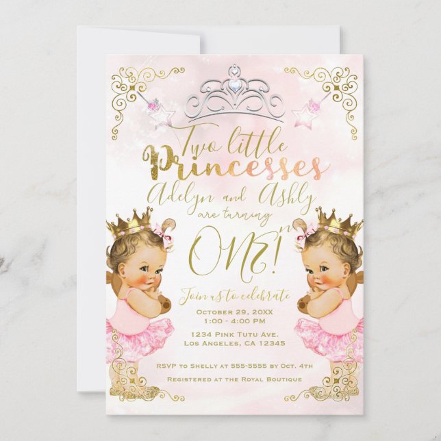 Invitation Tutu de princesse rose et couronne pour jumelles a (Devant)