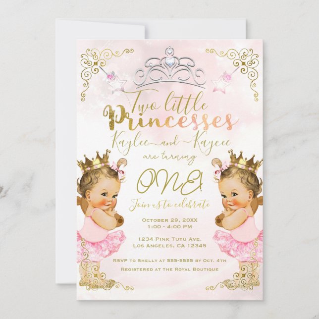 Invitation Tutu de princesse rose et couronne pour jumelles a (Devant)