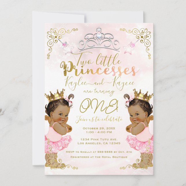 Invitation Tutu et couronne de princesse rose pour jumelles p (Devant)