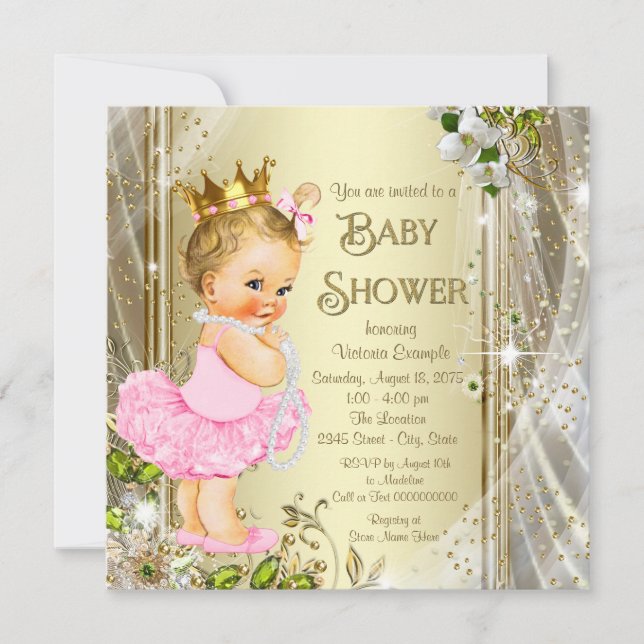 Invitation Tutu Princess Baby shower d'or rose (Devant)