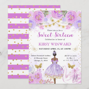 Invitation Tutu Violet Ballerine Peau Noire Sweet 16