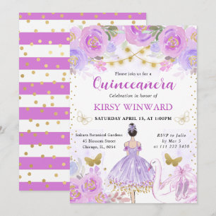 Invitation Tutu Violet Cheveux Noirs Ballerine Quinceanera