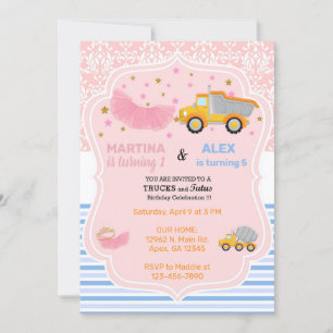Invitation Tutus & camions de construction frères et soeurs a
