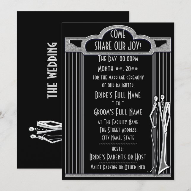 Invitation Tuxedo - Art Déco - Noir et Argent (Devant / Derrière)