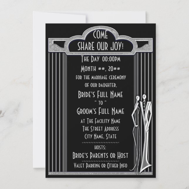 Invitation Tuxedo - Art Déco - Noir et Argent - Mariage (Devant)