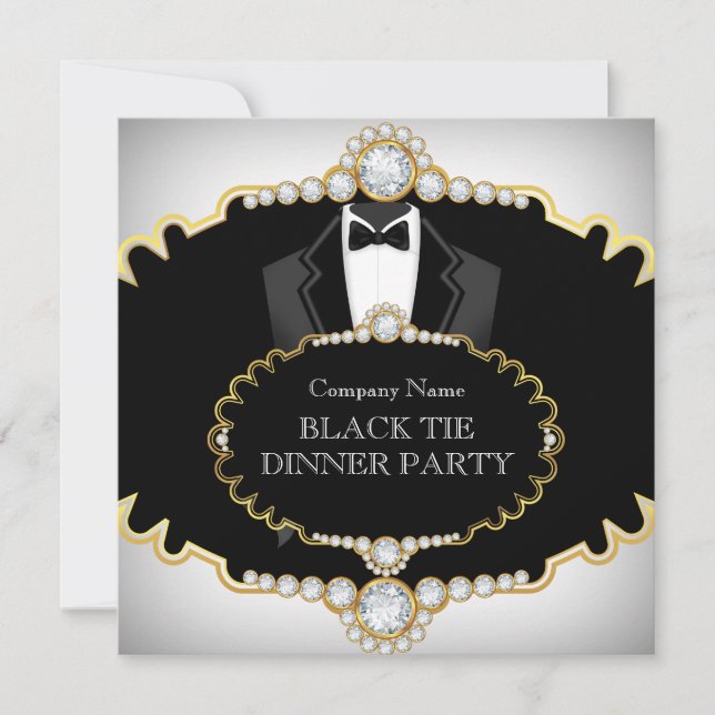 Invitation Tuxedo Black Cravate Diner Party White Gold (Devant)