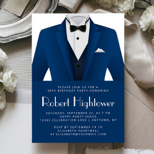 Invitation Tuxedo Bleu Blanc pour Homme pour Fête d'Anniversa