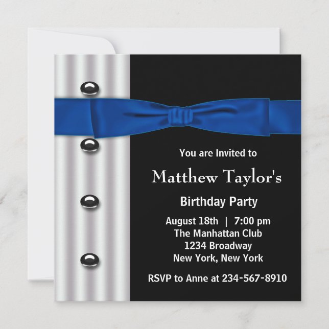 Invitation Tuxedo Bow Cravate Mens Bleu Noir fête d'anniversa (Devant)