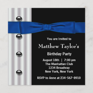 Invitation Tuxedo Bow Cravate Mens Blue Black Birday Party