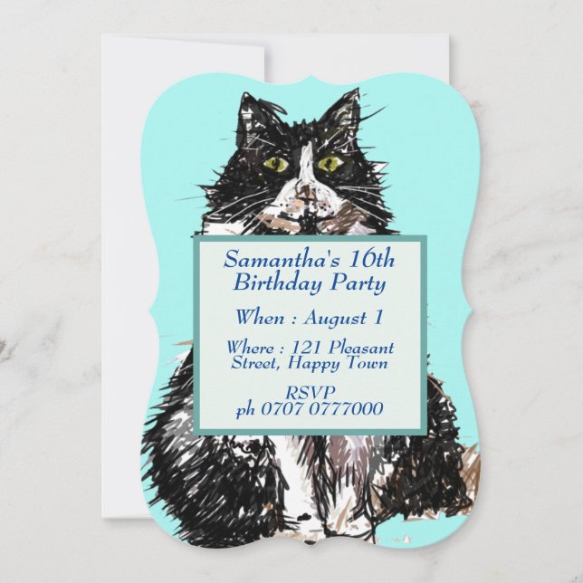 Invitation Tuxedo Chat Noir Blanc Cute Chats 16e anniversaire (Devant)