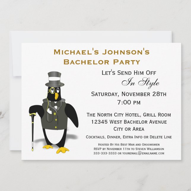 Invitation Tuxedo élégant de pingouin pour enterrement de vie (Devant)