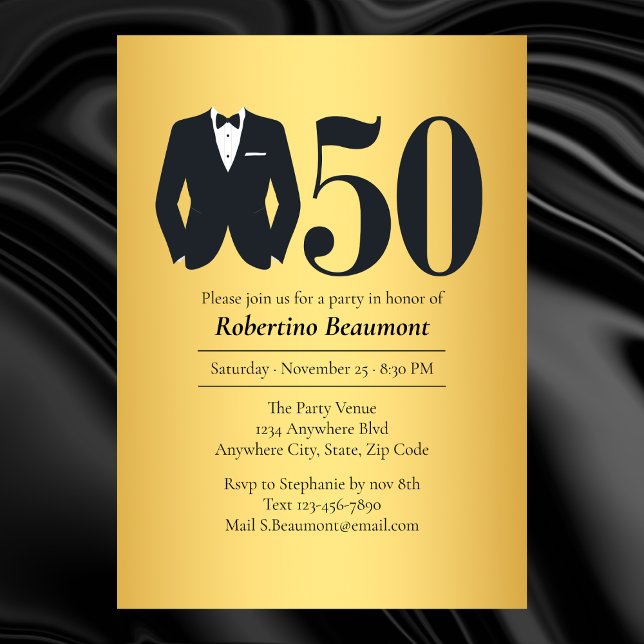 Invitation Tuxedo Élégant Homme Noir Or 50e Anniversaire (Créateur téléchargé)