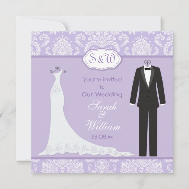 Invitation Tuxedo et Gown sur lavender lilas mariage damassé (Devant)