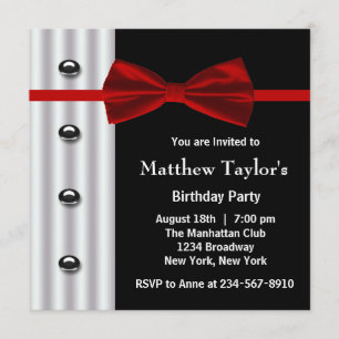 Invitation Tuxedo Nœud Papillon Rouge Noir Anniversaire Homme
