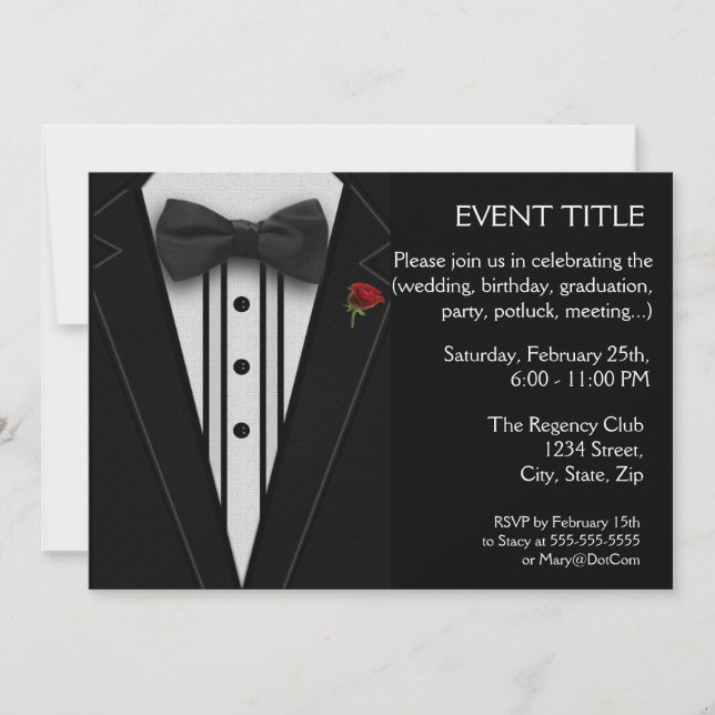 Invitation Tuxedo noir avec Cravate Bow Rose rouge (Devant)