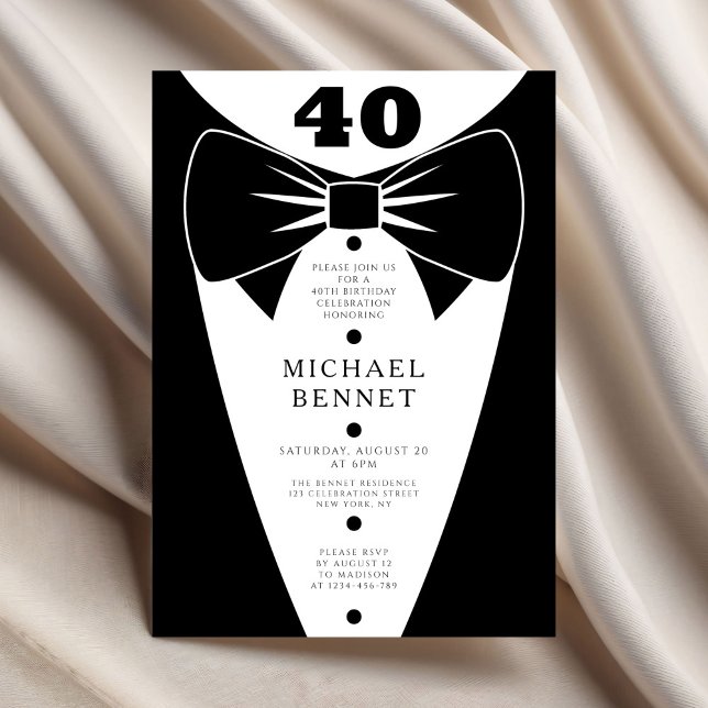 Invitation Tuxedo Noir Élégant 40e Anniversaire (Elegant Black Tuxedo 40th Birthday Invitation.
)