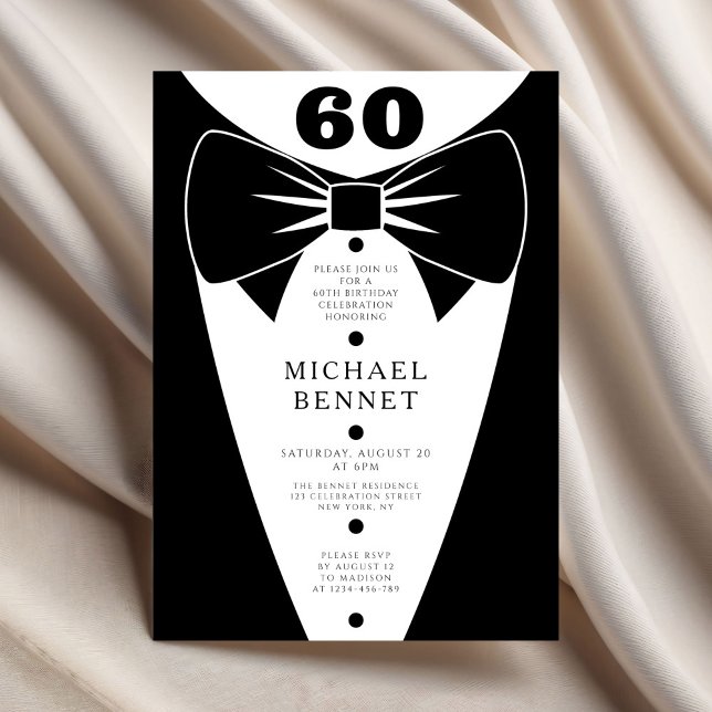 Invitation Tuxedo Noir Élégant 60e Anniversaire (Elegant Black Tuxedo 60th Birthday Invitation)